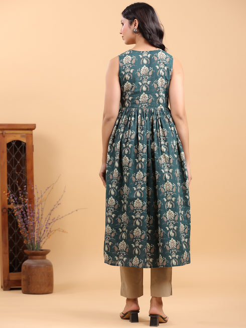 Dark Green Pure Cotton Paisley Printed A-Line Kurta
